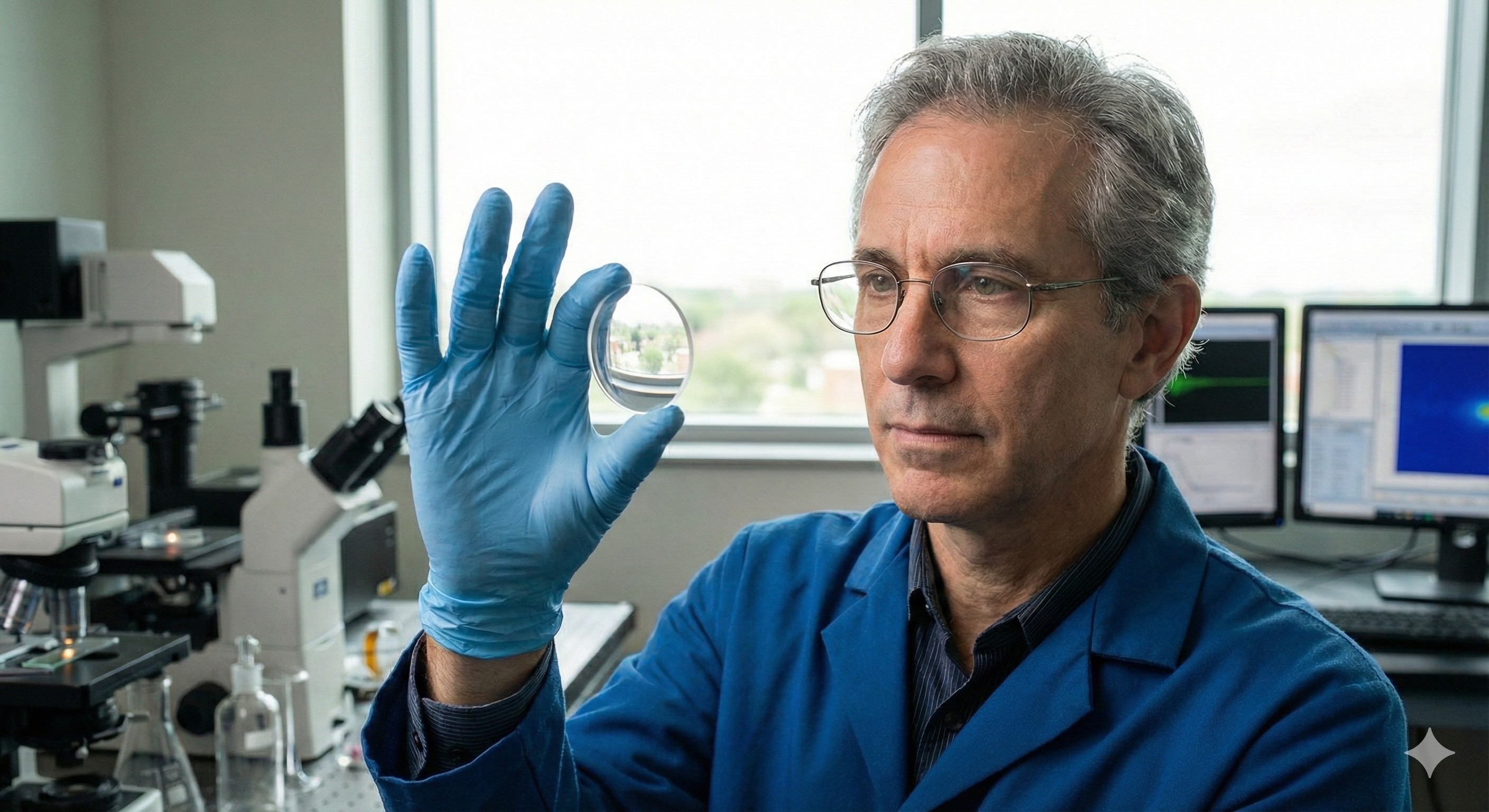 An optical technician inspecting a lens